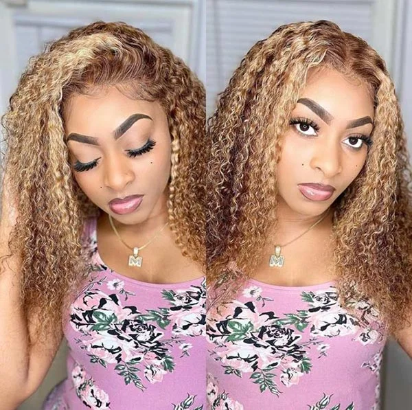 Junoda TL4/12 Jerry Curly Wig Balayage Mix Color 13x4 Lace Front Human Hair Wigs