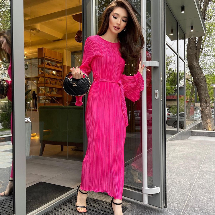 Ootddress Fashion Ruffled Lace-Up Long Dress Women Slim Long Sleeve Striped Pleated Party Dress Autumn 2025 Solid Gown Female Dress