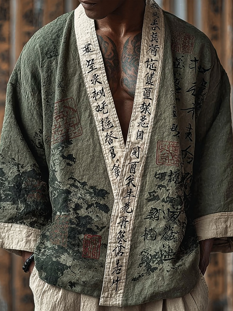 Men's Japanese Landscape Calligraphy Art Comfy Linen Kimono  artssus