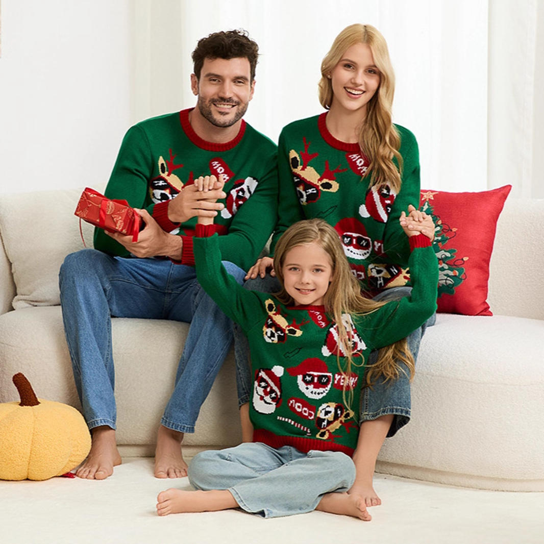 Christmas Knitted Tops For Women, Christmas Elk Jacquard Tops For Men And Children, Green Christmas Sweaters