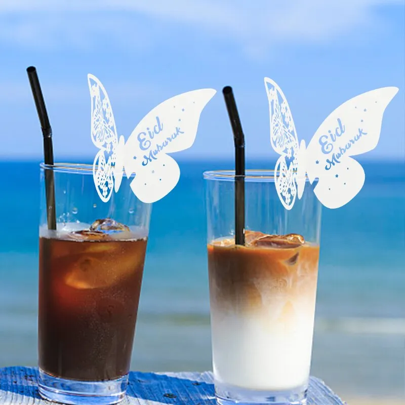 20pcs Eid Mubarak Hollow Butterfly Cup Cards Paper Name Place Seats Card Muslim Islamic Party Dessert Cake Decor Ramadan Kareem