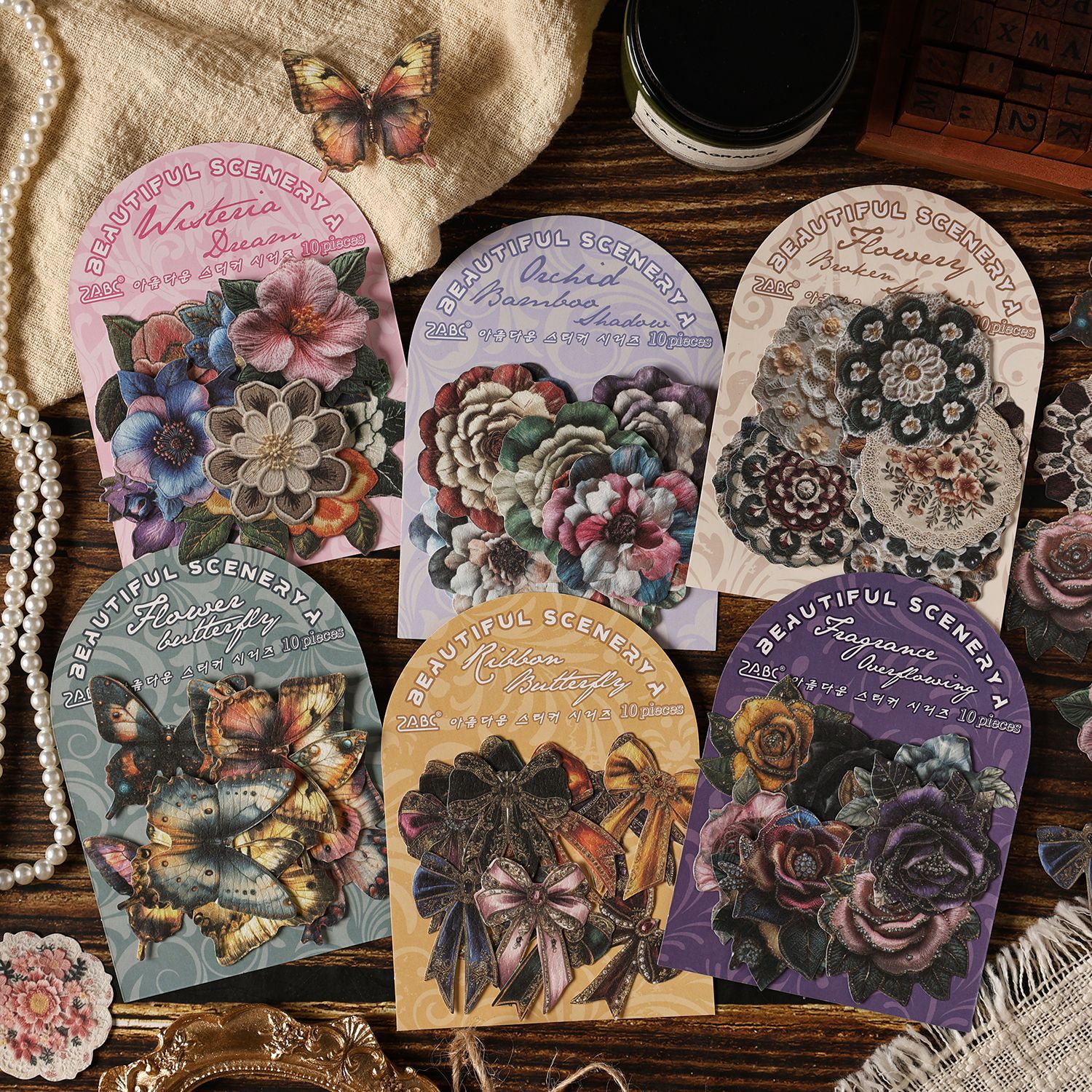 스티커 - 밝고 그림 같은 시리즈 빈티지 꽃 나비 리본