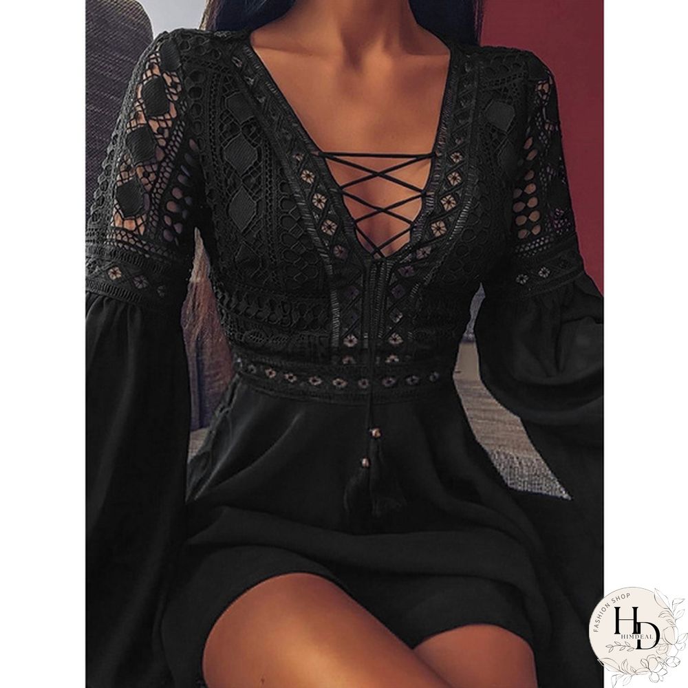 Womens Lace Stitching Lace Up Mini Dress Lantern Long Sleeve V Neck Evening Party Casual Loose Elegant A Line Dress Plus Size