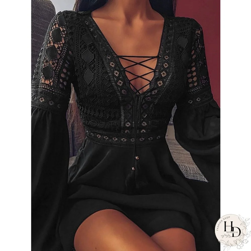 Womens Lace Stitching Lace Up Mini Dress Lantern Long Sleeve V Neck Evening Party Casual Loose Elegant A Line Dress Plus Size