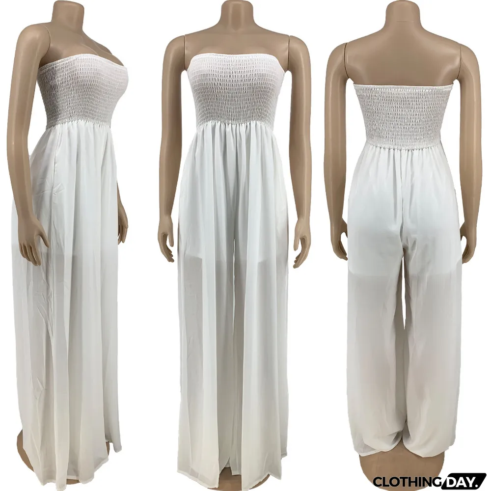 Plus Size Solid Off Shoulder Strapless Wide Leg Jumpsuit