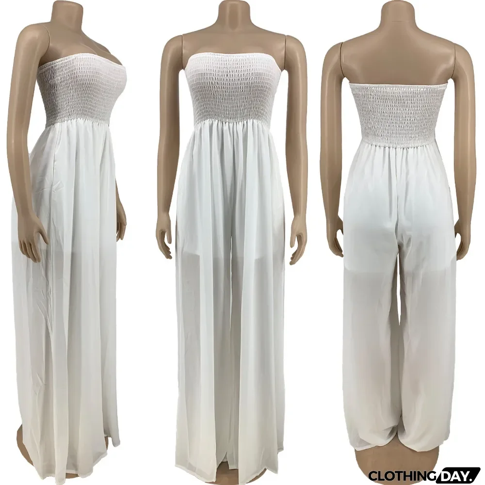 Plus Size Solid Off Shoulder Strapless Wide Leg Jumpsuit