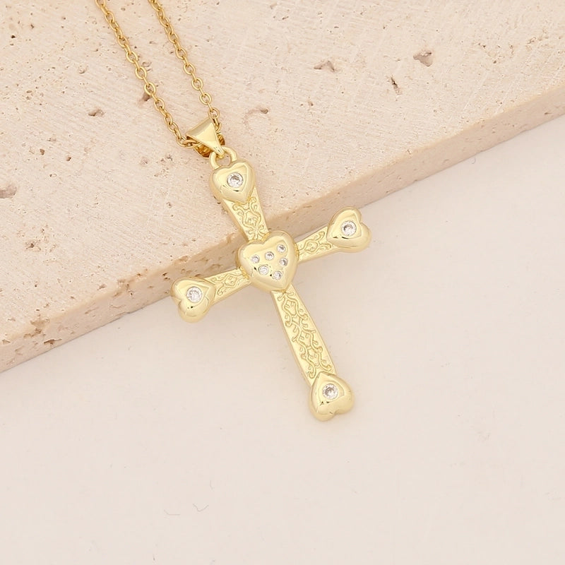 Commute Cross Copper Inlay 18K Gold Plated Zircon Pendant Necklace