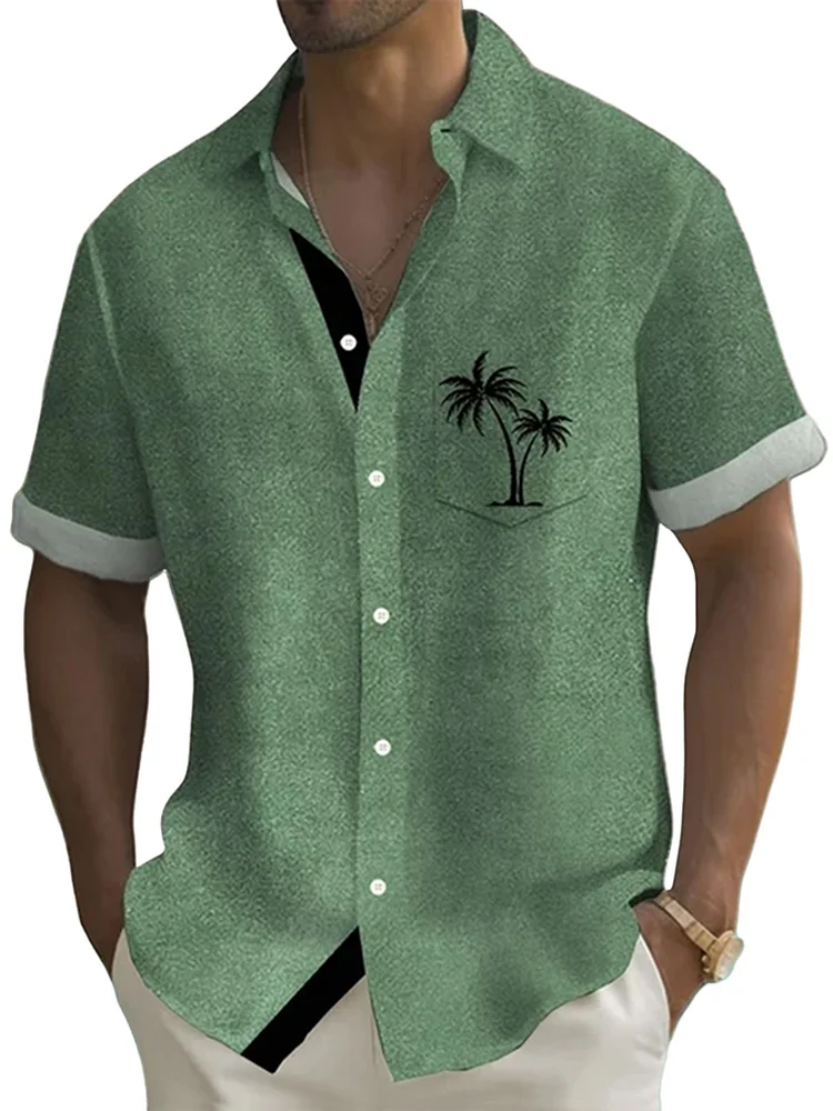 Men's summer imitation hemp coconut lapel solid color short-sleeved shirt