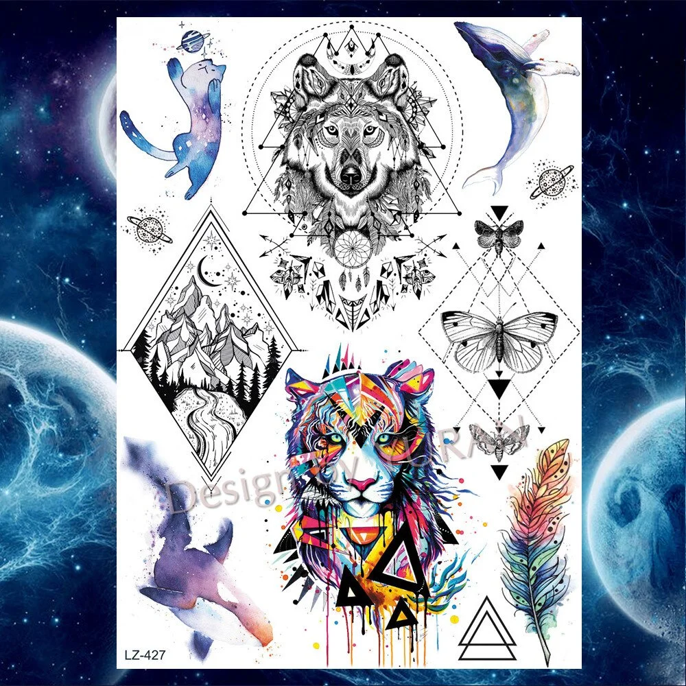 Tribal Forest Animals Black Galaxy Triangle Wolf Animals Temporary Tattoo Stickers Women Men Deer Tatoo Waterproof Arm Tattoos