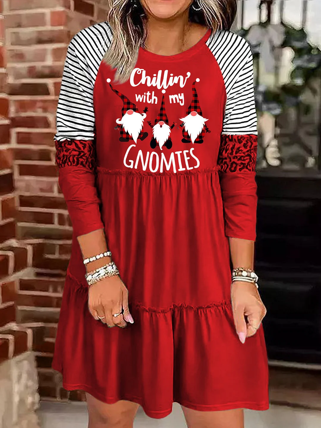 Chillin with My Gnomies Christmas Print Long Sleeve Dress
