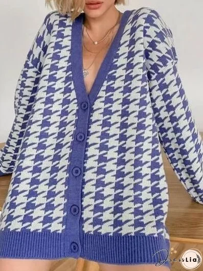 Houndstooth Button Up Long Sleeve Cardigan