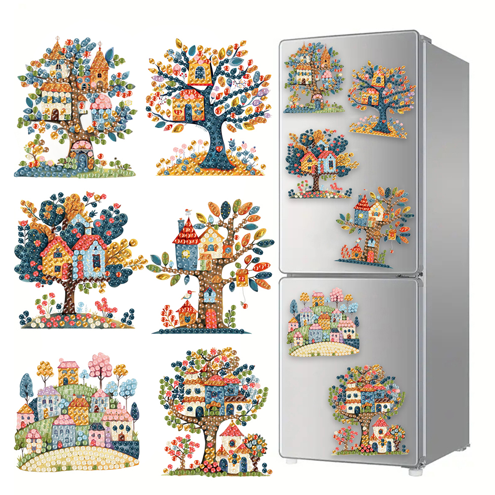 6Pcs Acrylic Simple Tree DIY Diamond Painting Fridge Stickers for Home Decor