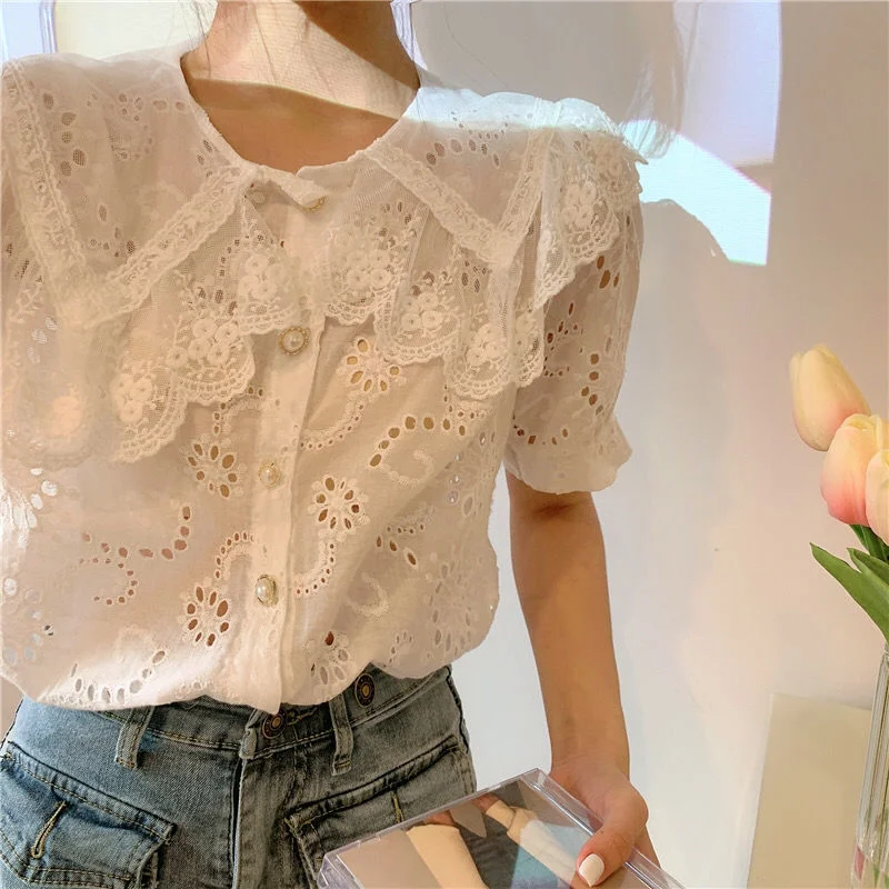 Lace Embroidery Blouse Women French Hollow Out Peter Pan Collar Blusa Shirts Summer 2021 Elegant Short Sleeve Female Top 13814