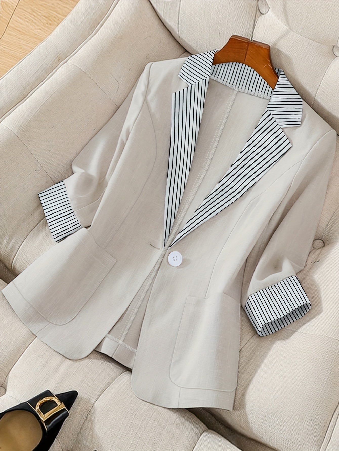 Women's Lightweight Striped Casual Blazer Jacket - 100% Polyester Machine-Washable Long Sleeve With Contrast Collar & Cuffs, X-Shape Silhouette For Spring/Autumn Commuting & Office Wear, Spring Autumn Attire | Elegant Women's Jacket | Contrast Detailing | IFYHOME