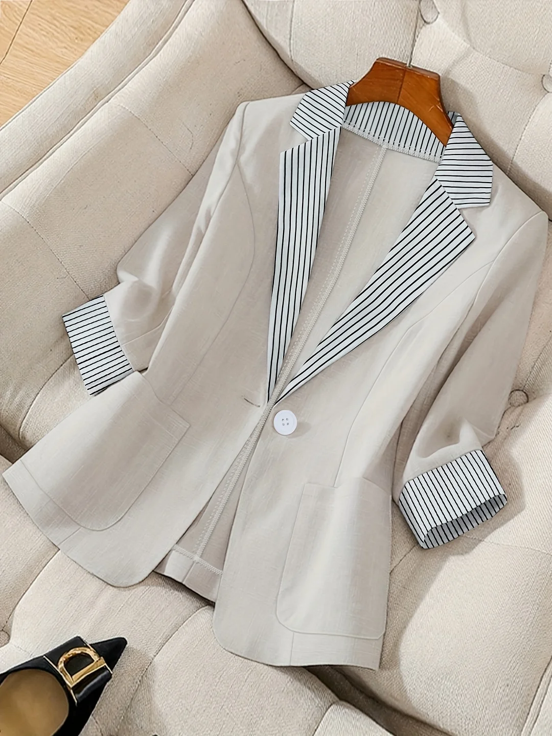 Women's Lightweight Striped Casual Blazer Jacket - 100% Polyester Machine-Washable Long Sleeve With Contrast Collar & Cuffs, X-Shape Silhouette For Spring/Autumn Commuting & Office Wear, Spring Autumn Attire | Elegant Women's Jacket | Contrast Detailing | IFYHOME