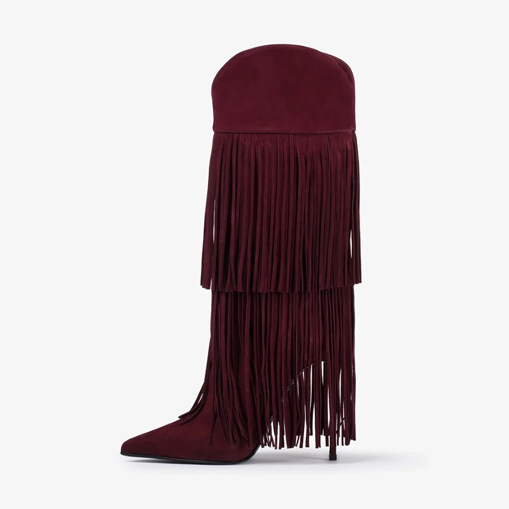 Women's Maroon Pointed Toe Slip On Heeled Mid Calf Boots with Fringe