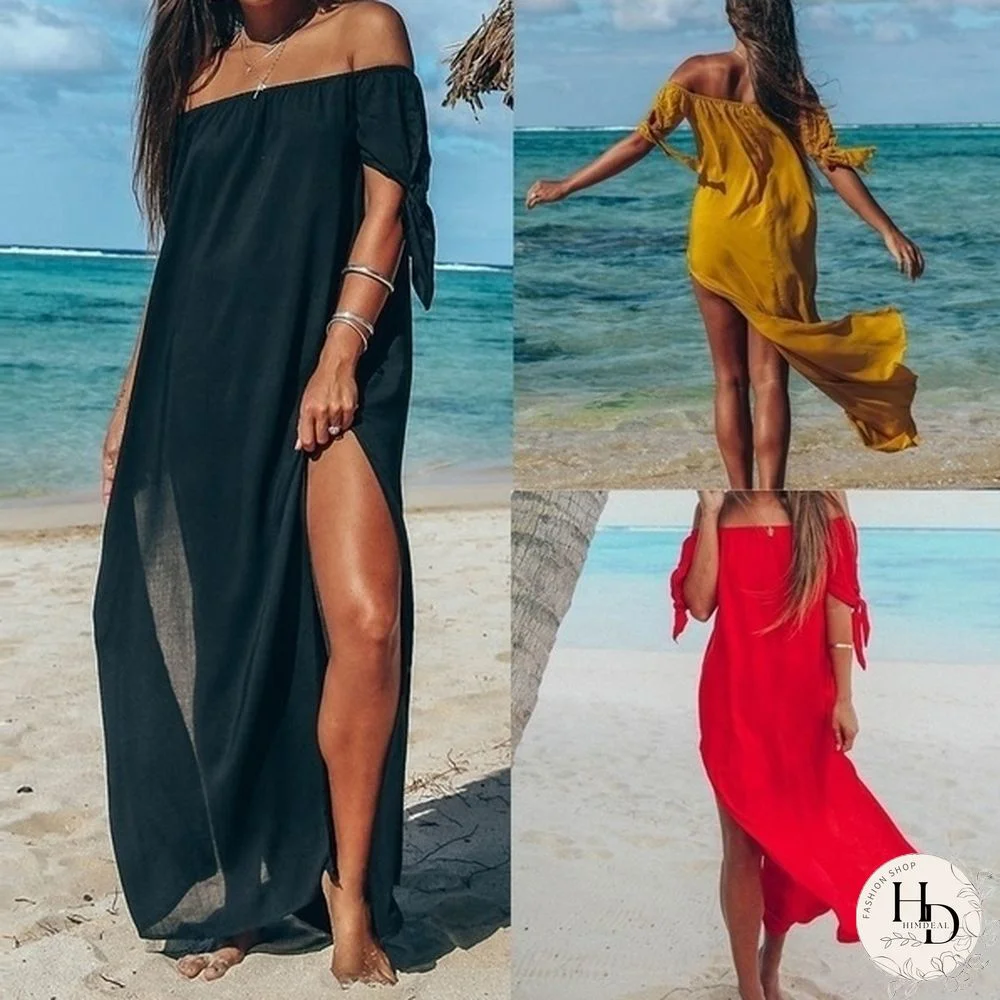 Women Summer Beach Off Shoulder Bandeau Maxi Dress Holiday Swimwear Cover Up Bikini Cover Up Beach Swimwear Dress