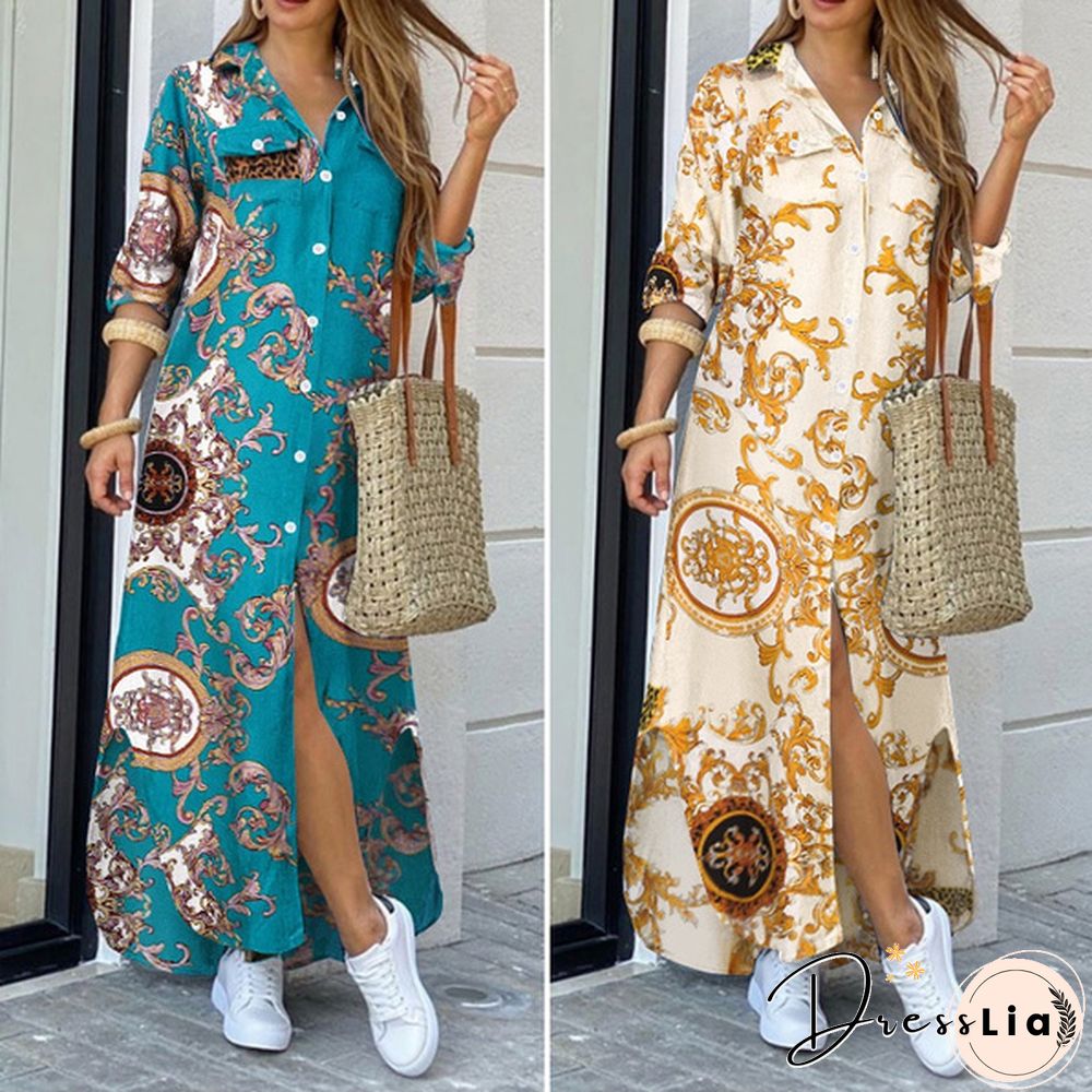 S-5XL Womens Kaftan Dress Chains Printed Side Fork Casual Loose Long Wedding Holiday dress