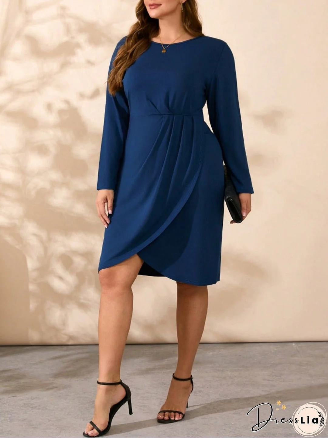 Ruched Round Neck Long Sleeve Mini Dress