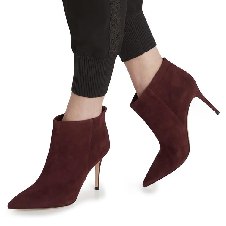Women's Burgundy Vegan Suede Stiletto Boots Pointy Toe Ankle Boots by FSJ |FSJ Shoes