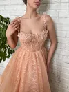 Light Peach Pink Lace Tea Length Dress Bodice Sweetheart Prom Robe Ball Gown Floral Applique Bridesmaids Dresses A Line Formal Evening Tulle