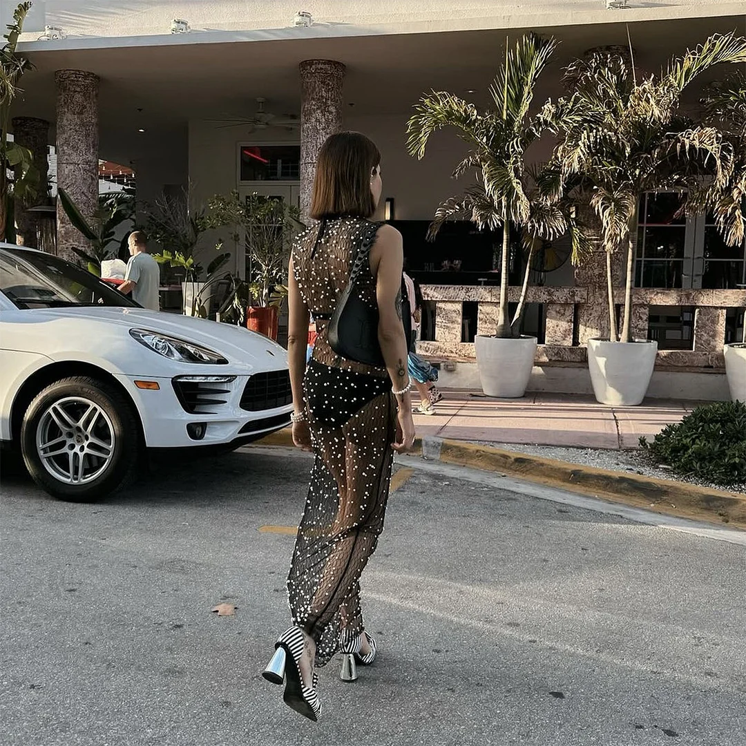 Uveng Spring And Summer Explosion Of Women's Net Yarn Beads Perspective Sexy Burqa Long Dress