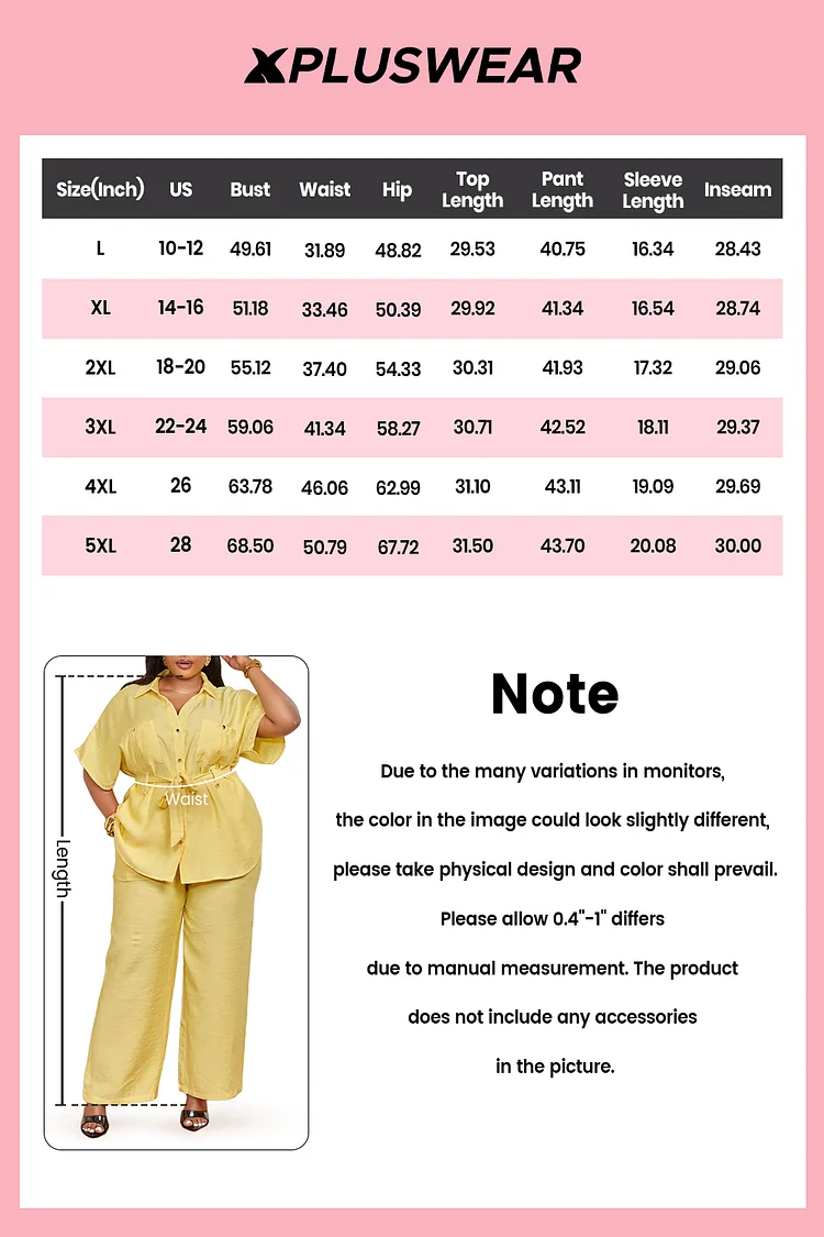 Plus Size Business Casual Casual Yellow Shirt Collar Short Sleeve Pocket Linen Two Piece Pant Sets [Pre-Order]