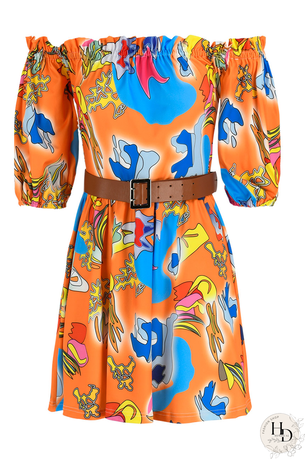 Purple Casual Print Split Joint Off the Shoulder Cake Skirt Dresses