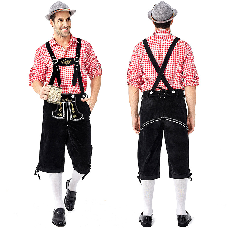 Men Oktoberfest Costume Plaid Shirt Embroidered Suspenders Suit Carnival Costume Two Piece Set Novameme