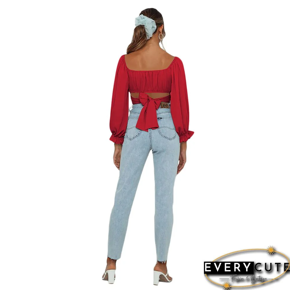 Red Long Sleeve Off Shoulder Crop Tops