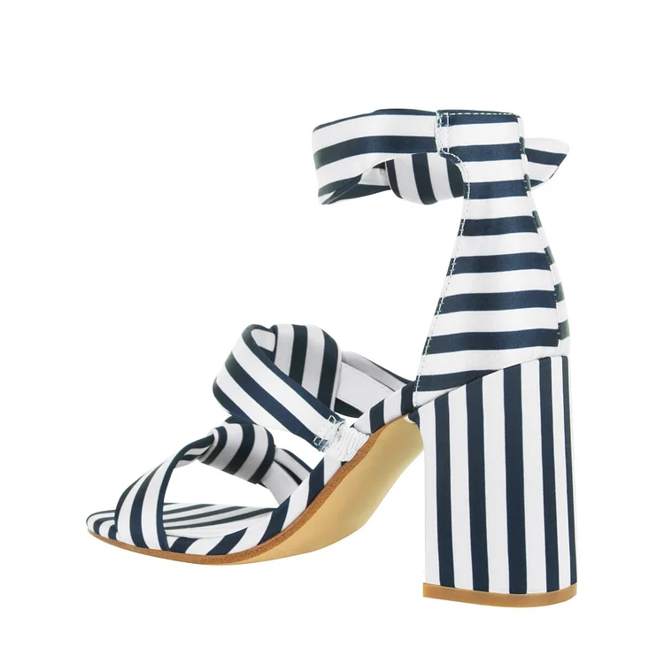 Navy and White Triple Tie Block Heel Striped Sandals Vdcoo