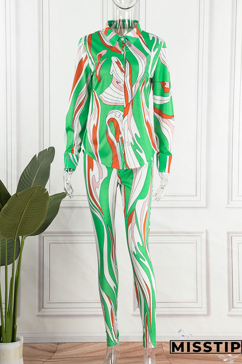 Green Casual Print Bandage Patchwork Turndown Collar Long Sleeve Two Pieces