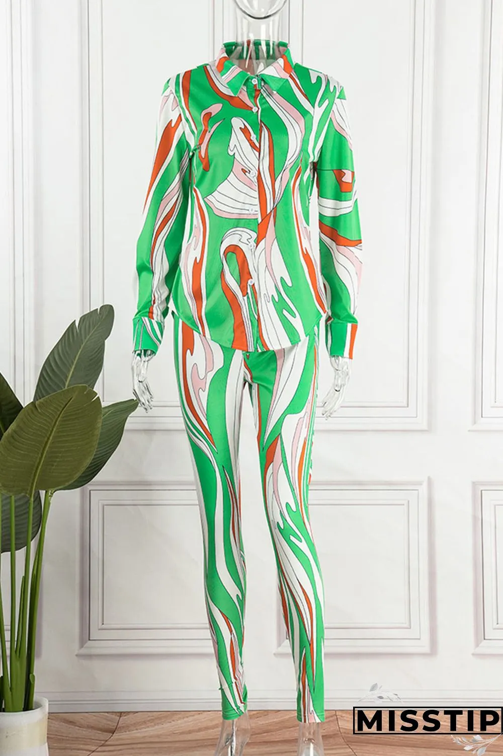 Green Casual Print Bandage Patchwork Turndown Collar Long Sleeve Two Pieces