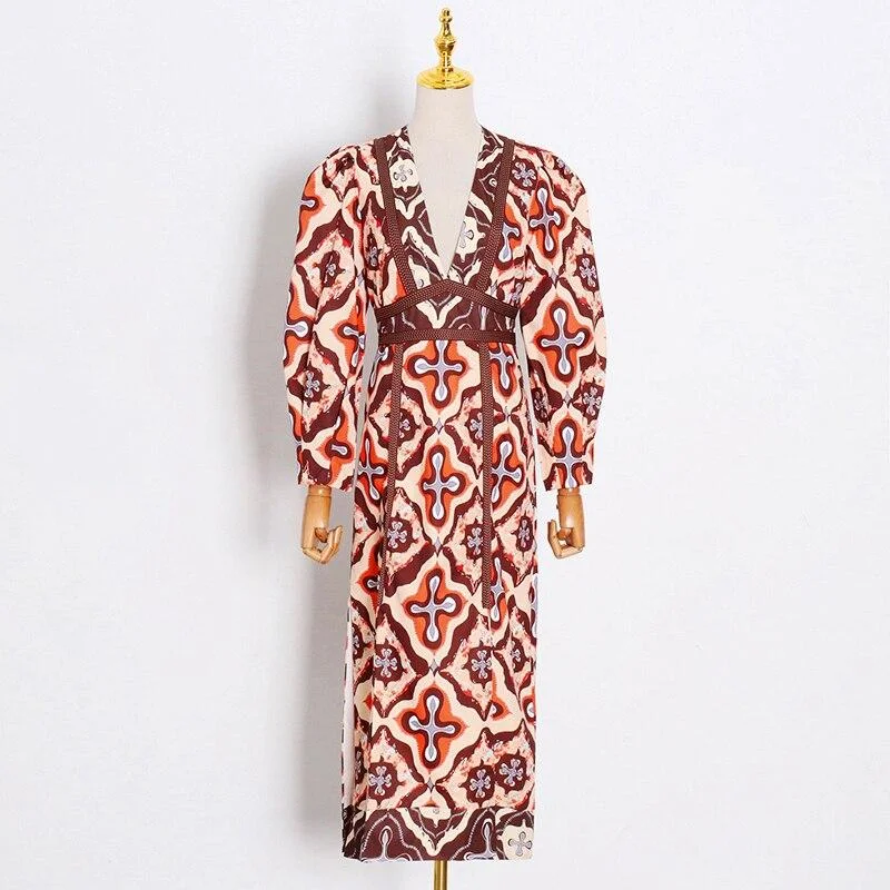 ABEBEY Vintage Print Dress For Women V Neck Puff Sleeve High Waist Hit Color Split Dresses Female 2023 Fashion New Clothes