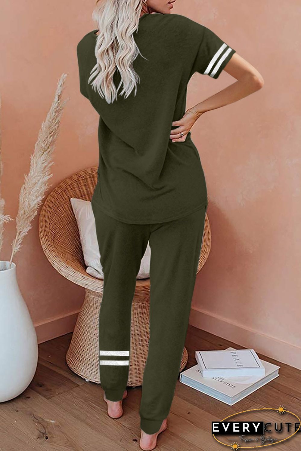 Green Striped Accent Short Sleeve and Joggers Set