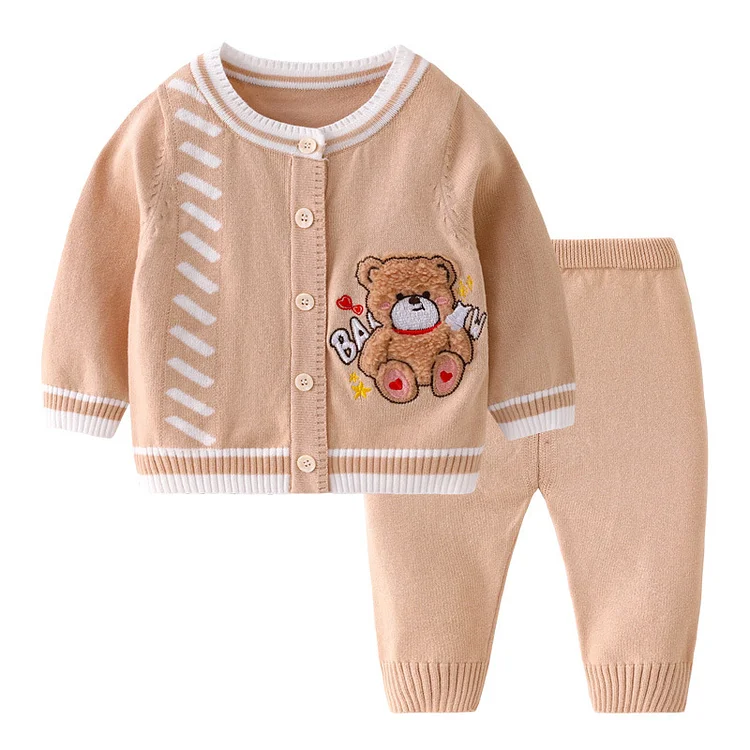 2pcs Baby Boy/Girl Solid Color Knit Bear Design Cardigan Sweatshirt with Pants Set