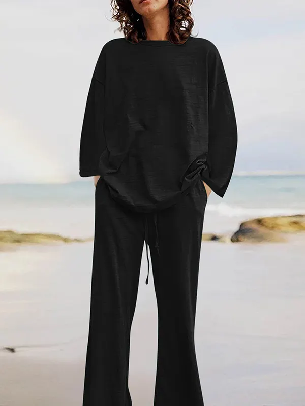 Pre-Order Contrast Trim Half Sleeve Top Drawstring Pants Loose 2pcs Sweater Suits