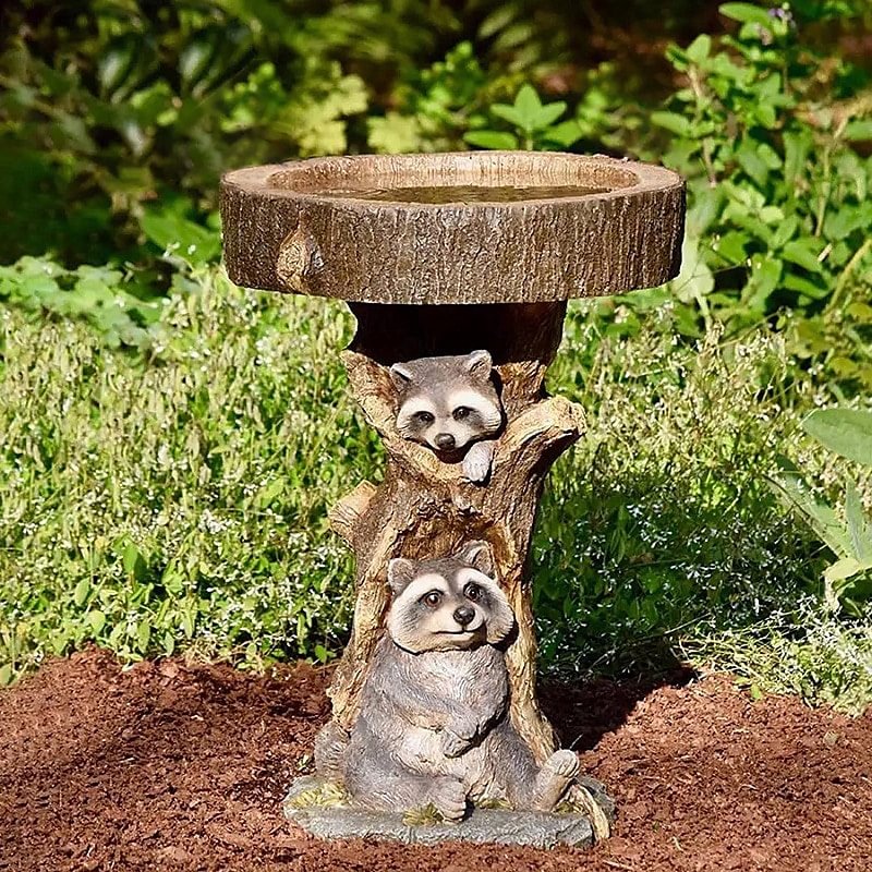 Fountain Stand Cute Raccoon Shape Birdbath Sculpture Bird Feeder Garden Decoration Outdoor Statue Mini Fountain Pond For Bird Piscina