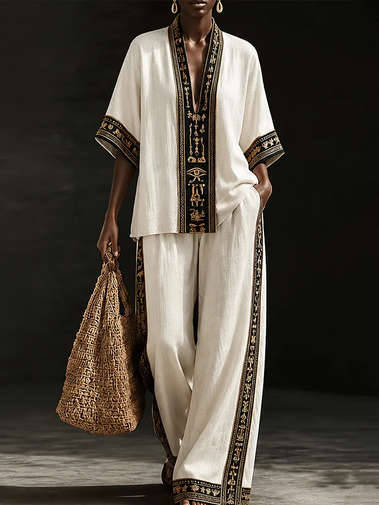 Women&rsquo;s Cream Black Gold  2 Piece Pants Set, V Neck Tunic Top and Wide Leg Pants, Ethnic Inspired Resort Wear