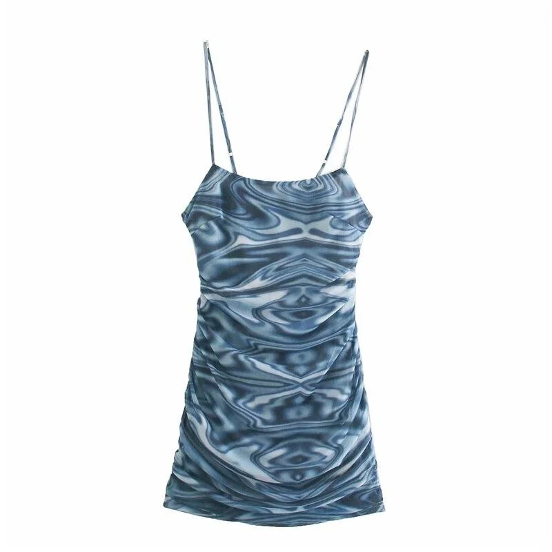 PUWD Girls Blue Y2K Tie-dye SLing Mini Dress 2021 Summer Fashion Female Elasticity Backless Short Dresses Ladies Chic Slim Dress