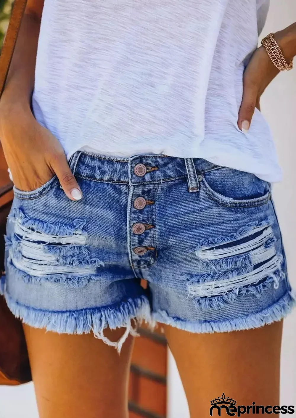Pocket Button Ripped Hole Denim Shorts - Blue