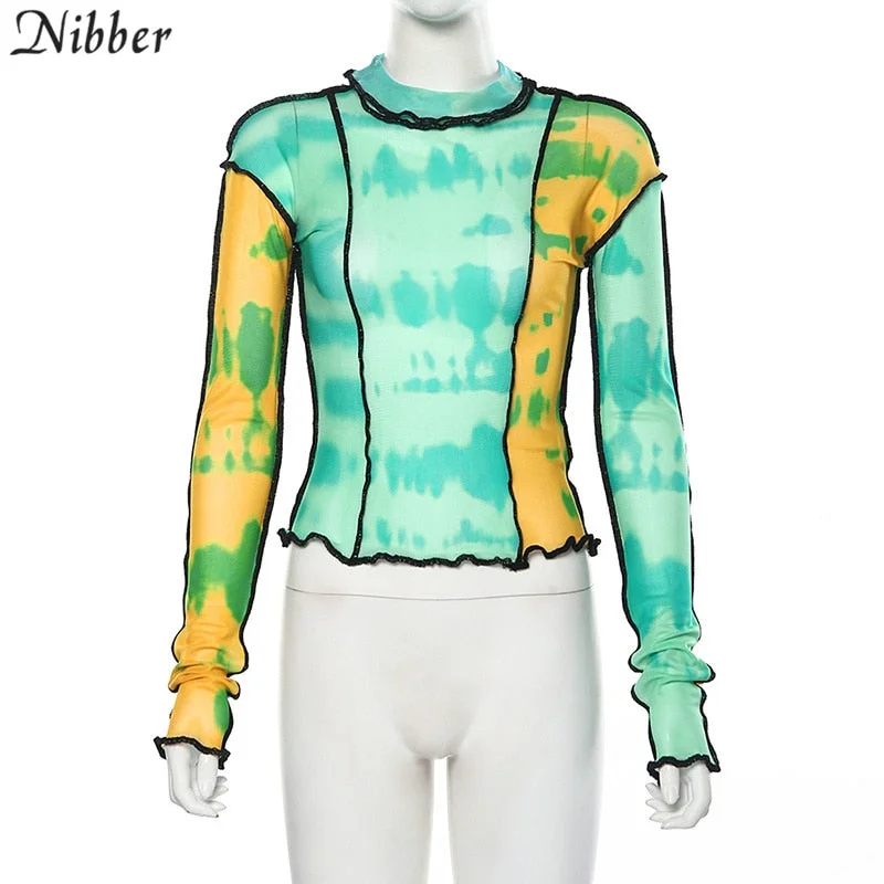 Nibber fashion mesh Colorful print Ruffle tops womens basic T-shirts2019autumn hot sale Thin Slim street Casual tee shirts mujer