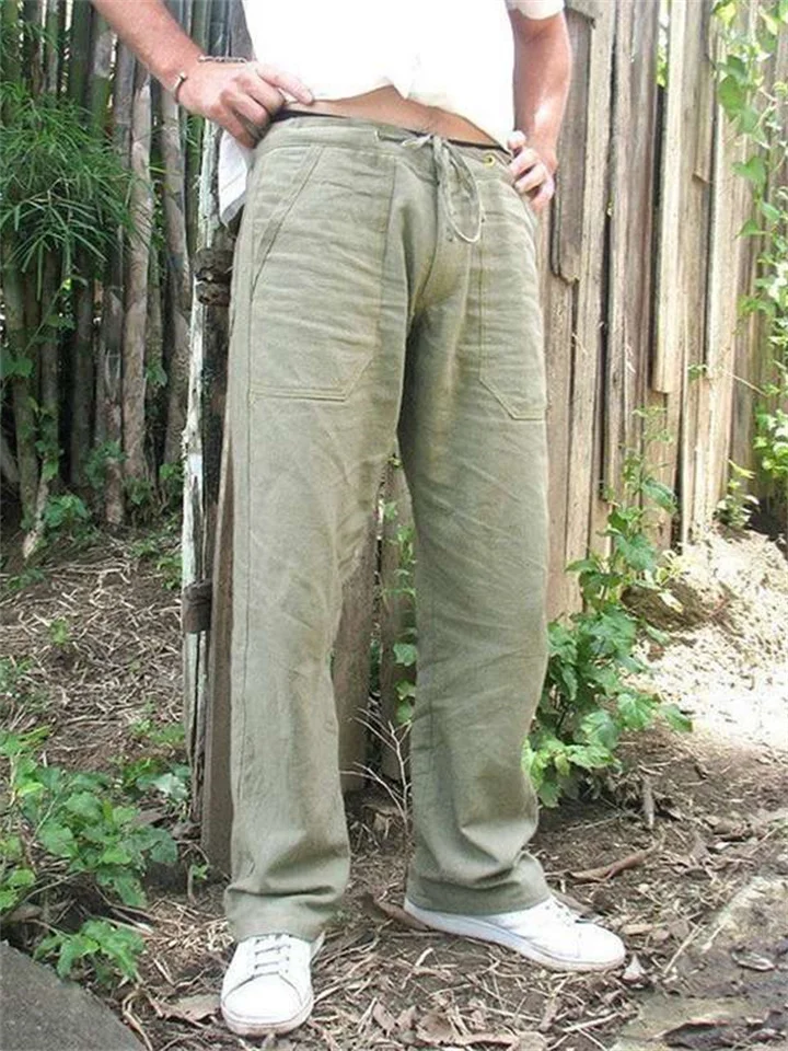 Men's Linen Pants Trousers Summer Pants Beach Pants Pocket Drawstring Elastic Drawstring Design Plain Breathable Lightweight Full Length Gym Yoga Linen / Cotton Blend Fashion Streetwear Light Gray-Mixcun