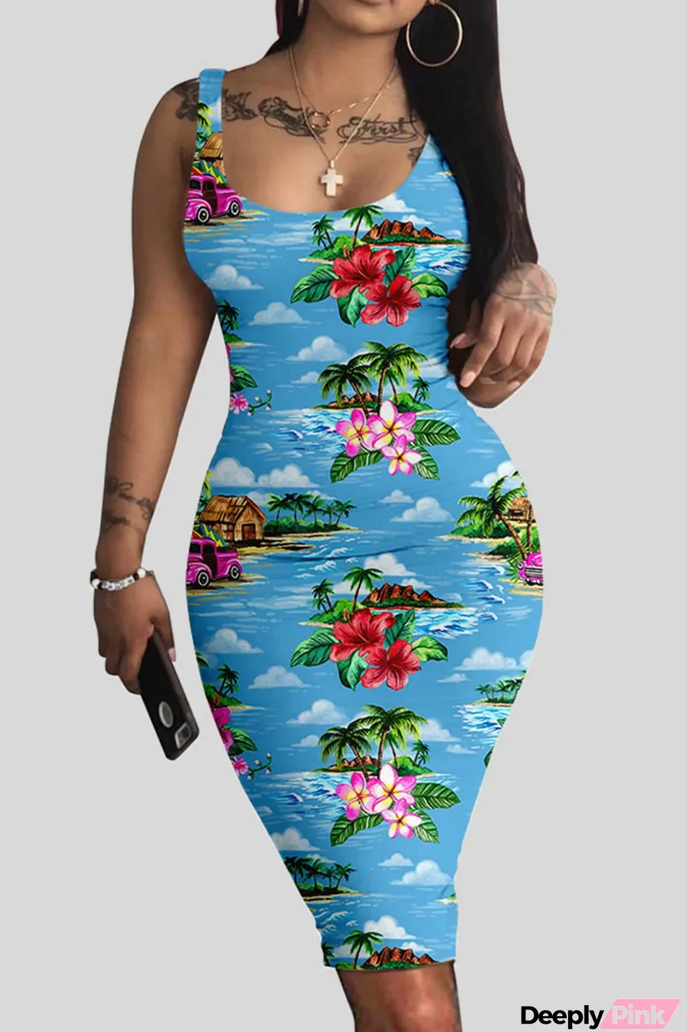 Sky Blue Casual Print Patchwork U Neck Vest Dress Dresses