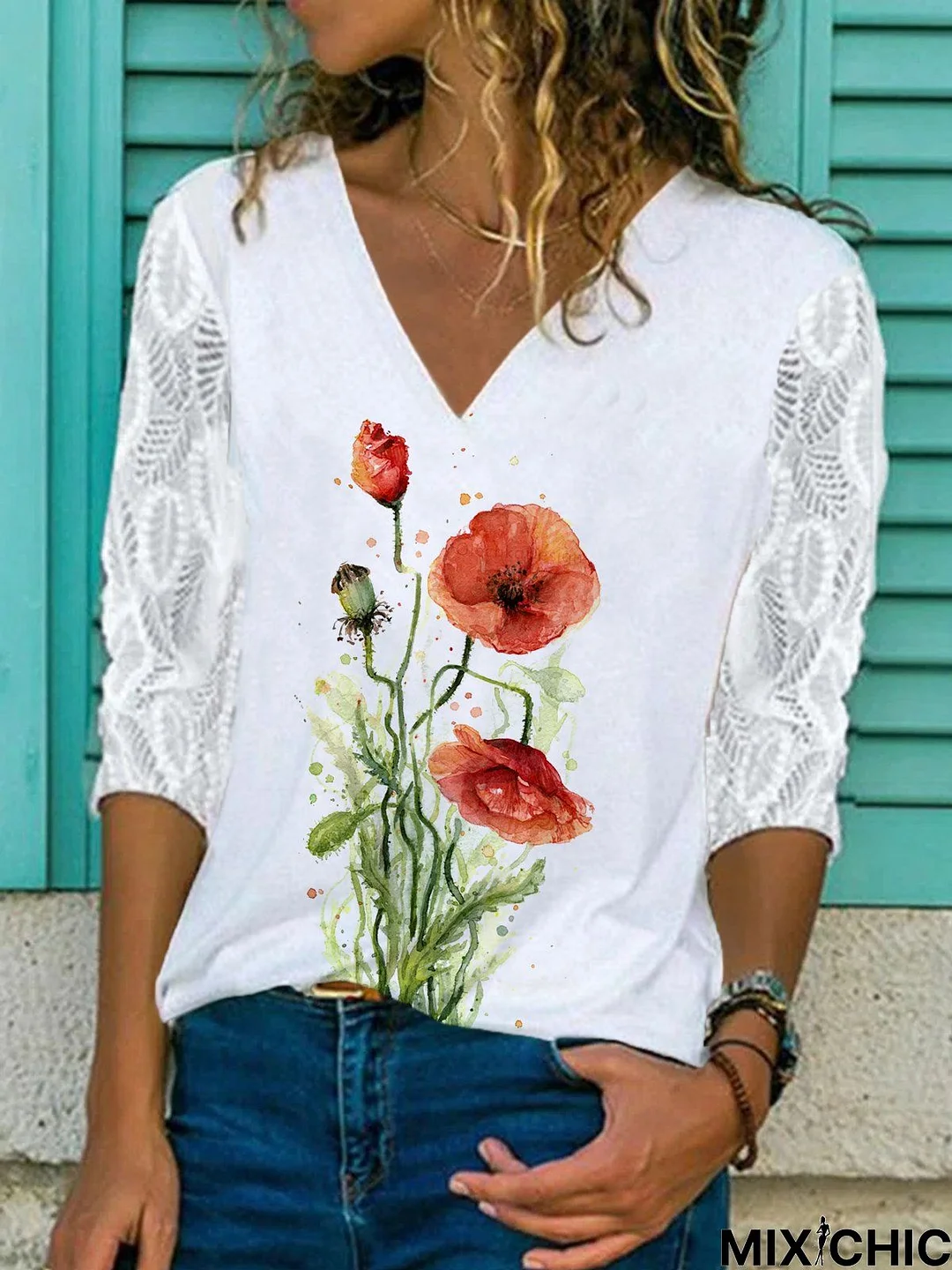 V Neck Casual Floral Long Sleeve Tops