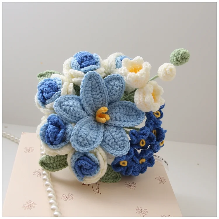 Lulusnow Handmade Blue Lily Rose Bell Orchid Crochet Flowers Bouquet Wedding/Forever Loving Girlfriend/Wife/Bride Gift