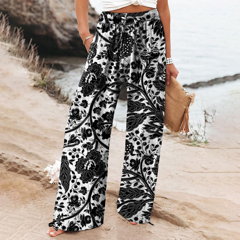 Comstylish Floral Art Printed Cotton And Linen Casual Wide Leg Pants