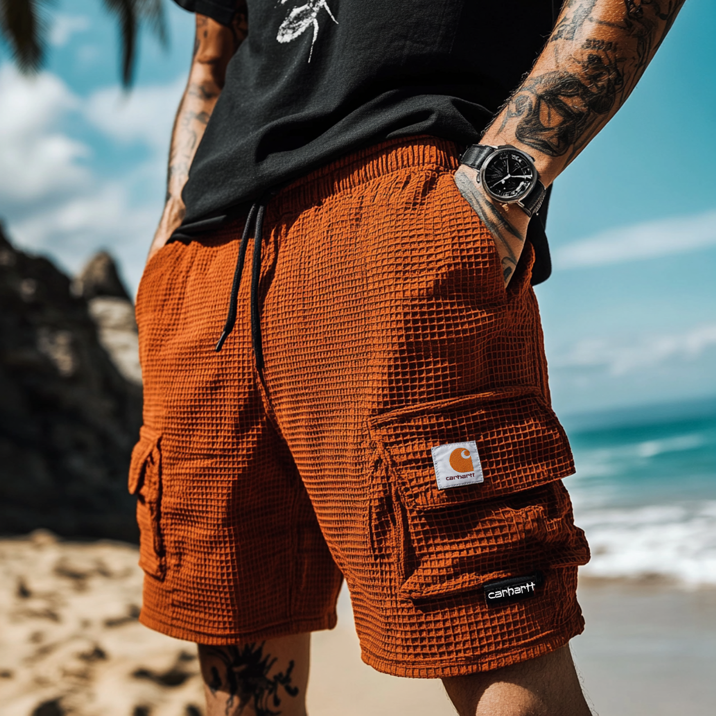 Men's Vintage Orange Waffle Knit Multi-Pocket Casual Walkshort Workwear Elastic Cargo Shorts