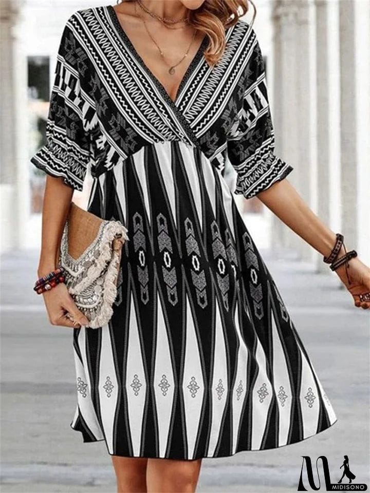 MidiSono - Retro Bohemian V Neck Printed Half Sleeve Trendy Dress for Lady