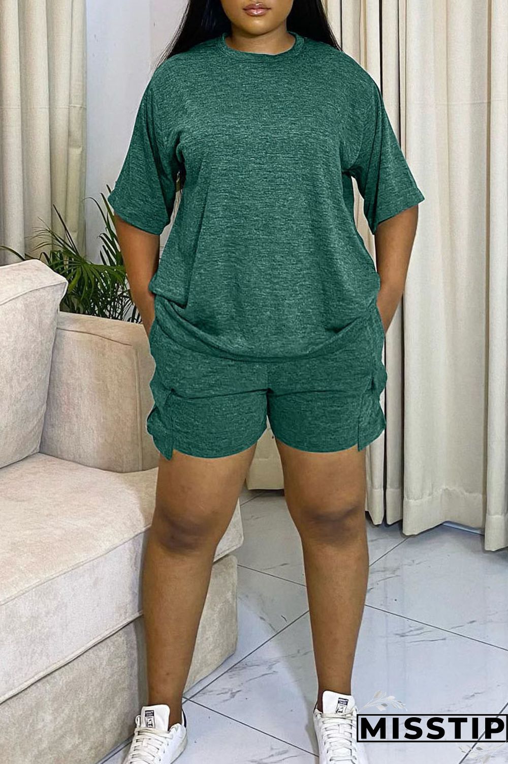 Orange Red Casual Solid Patchwork O Neck Short Sleeve Two Pieces